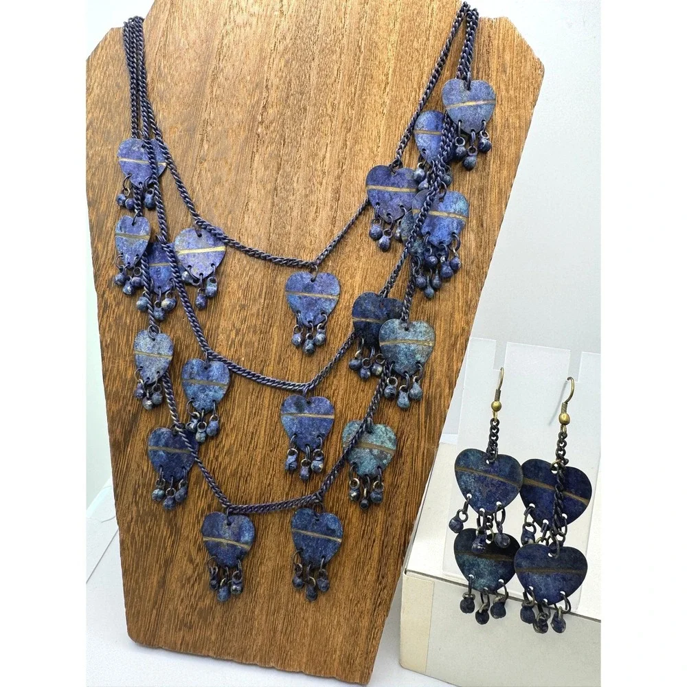 Blue Patina Heart Multi Strand Tiered Necklace & Dangle Earrings Jewelry Set Vtg